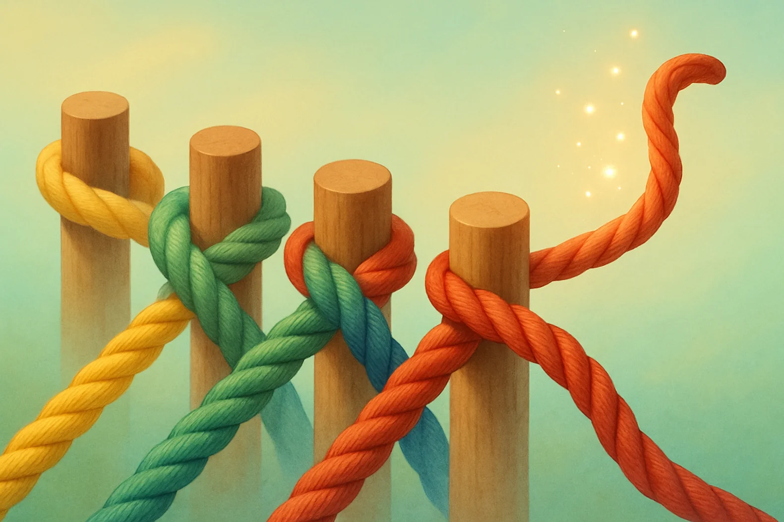Rope looping around and under cylindrical obstacles, showing how constraint creates routing puzzles